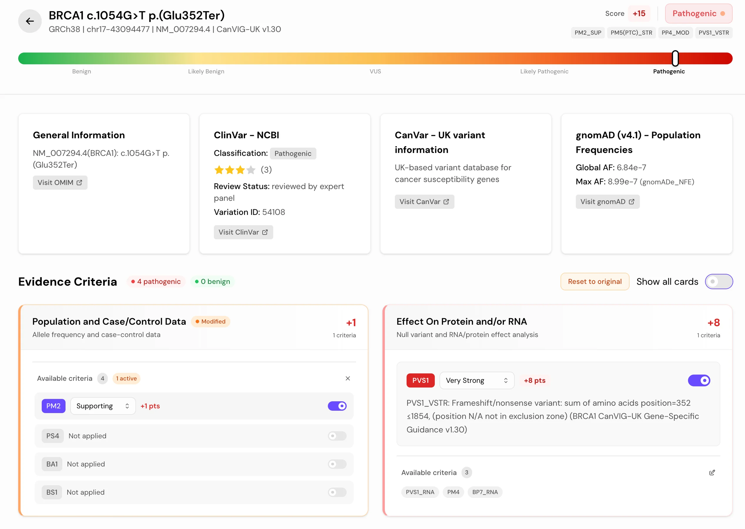 VAIC evidence aggregation interface showing ClinVar, gnomAD, OMIM, and PubMed results for variant classification